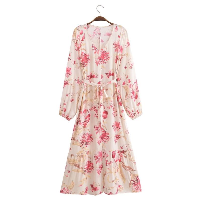 Women's Printed V Neck Long Shirt Dress - Image 2