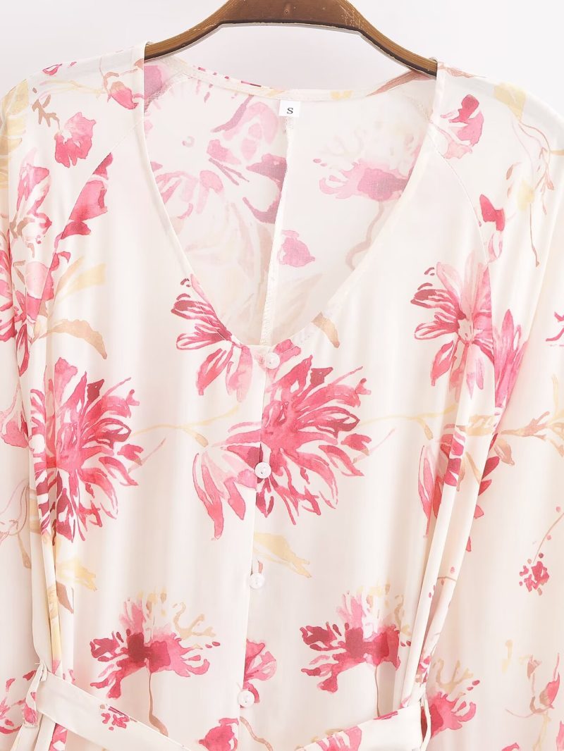 Women's Printed V Neck Long Shirt Dress - Image 3
