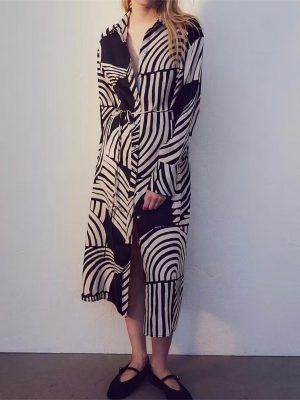 Button Down Abstract Print Long Shirt Dress Women