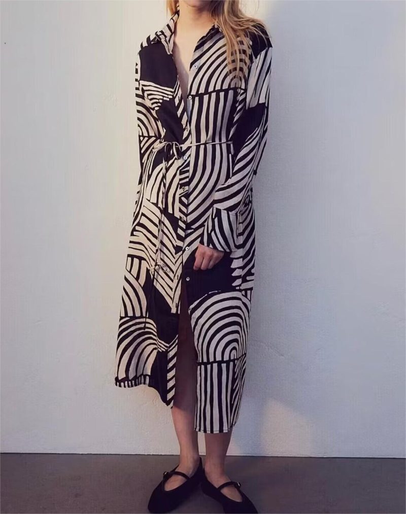 Button Down Abstract Print Long Shirt Dress Women