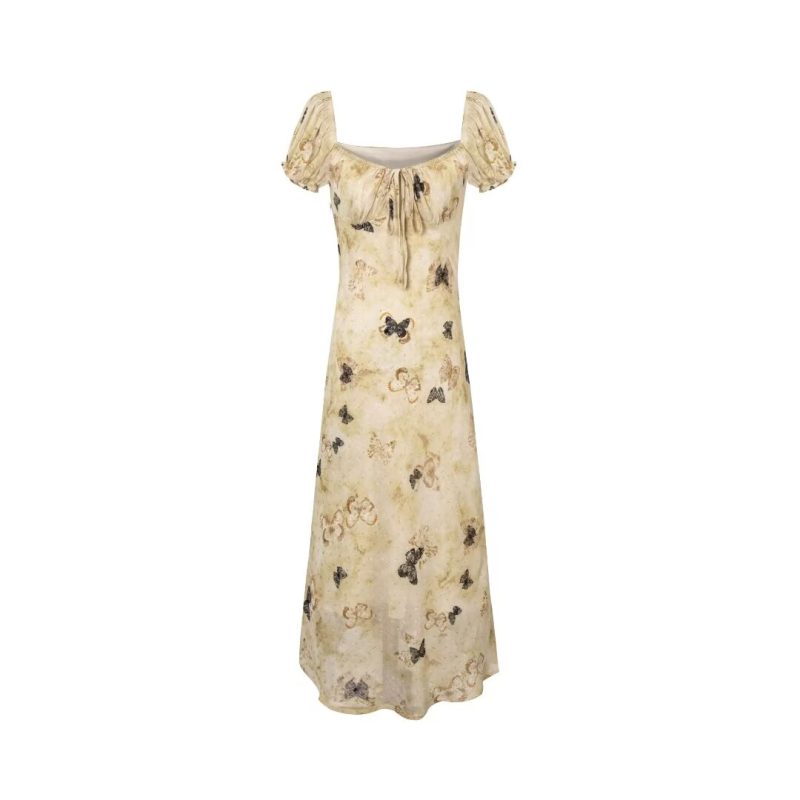 Spring Butterfly Lace-Up Square Neck Dress Women