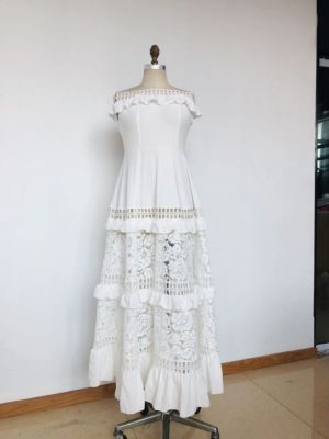 Off Shoulder Ruffled Lace Cutout Summer Dress