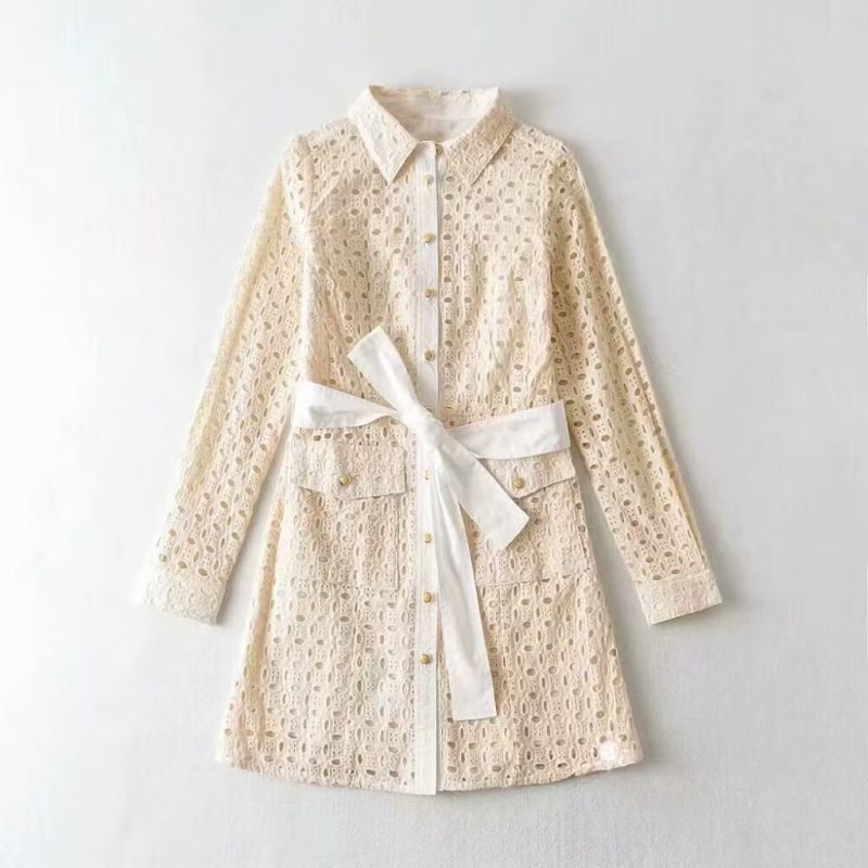 Autumn Embroidered Collared Tie Long Sleeve Dress - Image 2
