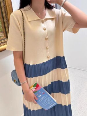 Elegant Striped Pleated Knit Lapel Dress Women