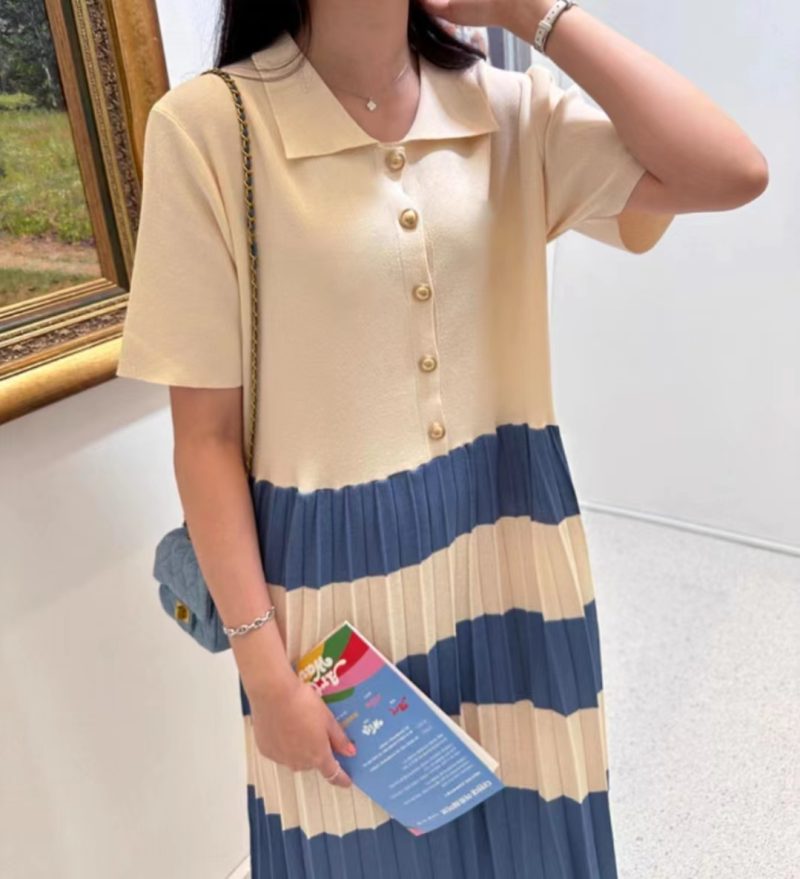 Elegant Striped Pleated Knit Lapel Dress Women