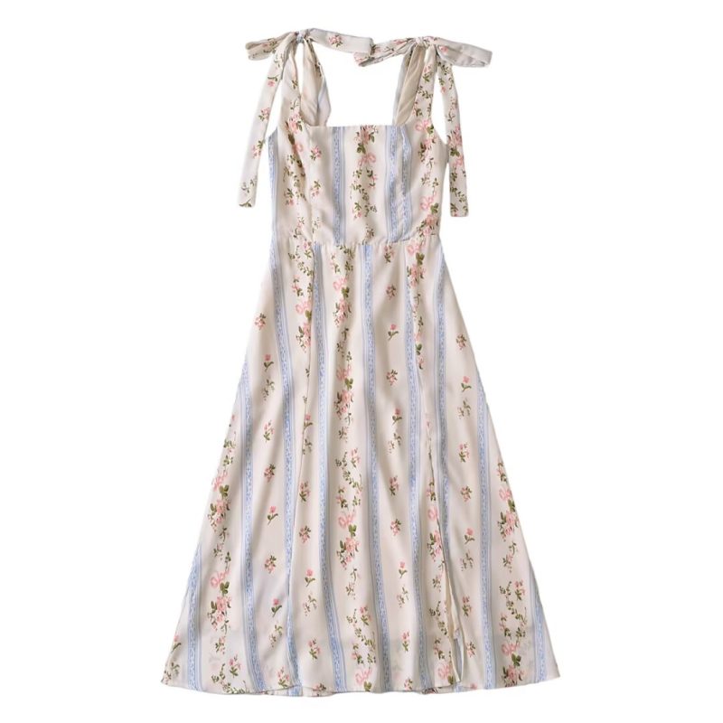 French Floral Slim Fit Side Split Summer Dress