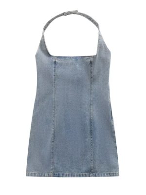 Printed Slim Fit Halter Denim Short Dress