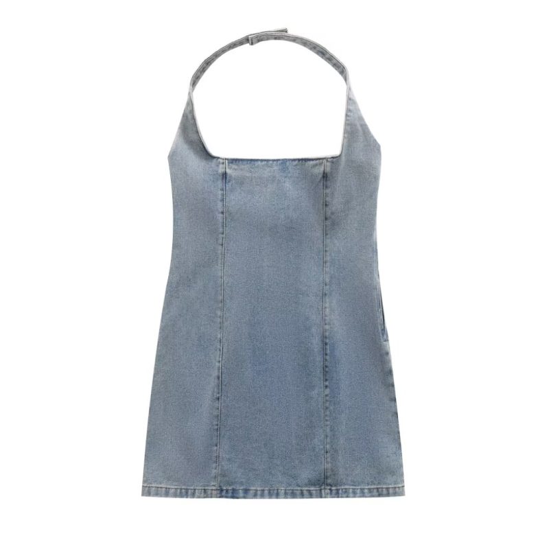 Printed Slim Fit Halter Denim Short Dress