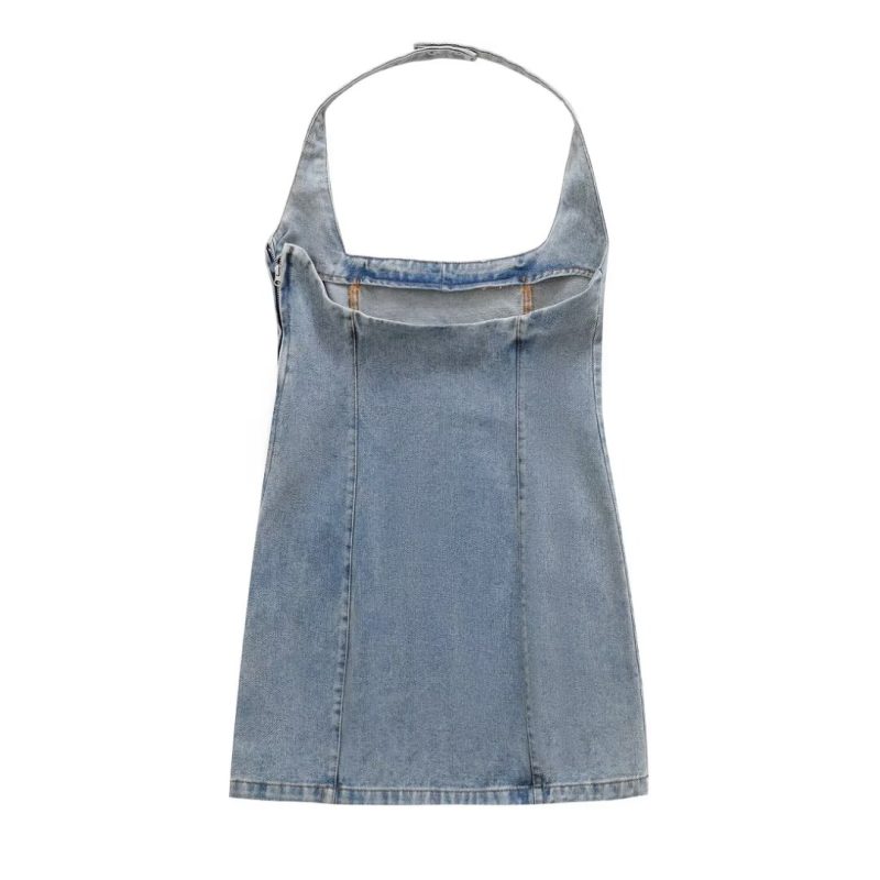 Printed Slim Fit Halter Denim Short Dress - Image 2