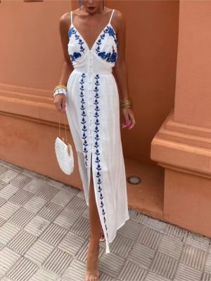 Embroidered Slim Fit Summer Sling Dress Women