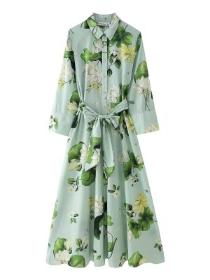 Floral Print Tie Waist Long Sleeve Dress