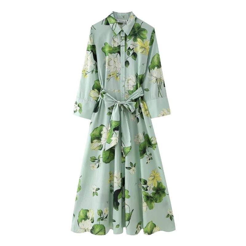 Floral Print Tie Waist Long Sleeve Dress