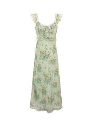 French Lotus Leaf Print Sleeveless Tea Dress
