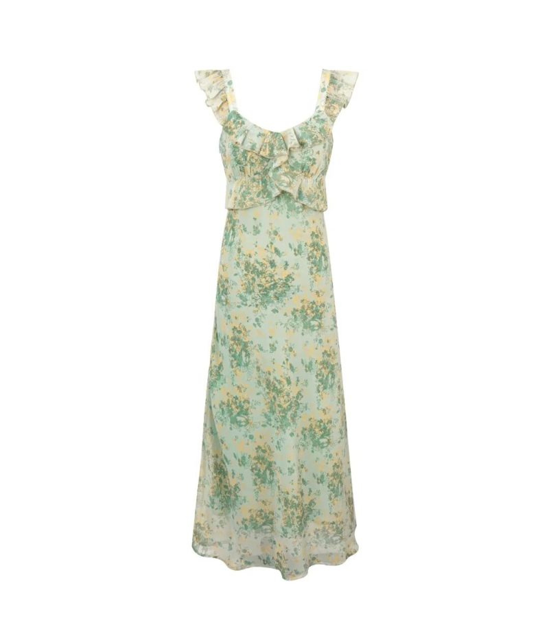 French Lotus Leaf Print Sleeveless Tea Dress