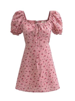 Pink Roses Puff Sleeve Lace-Up Dress