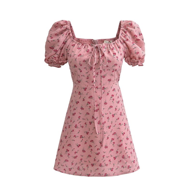 Pink Roses Puff Sleeve Lace-Up Dress