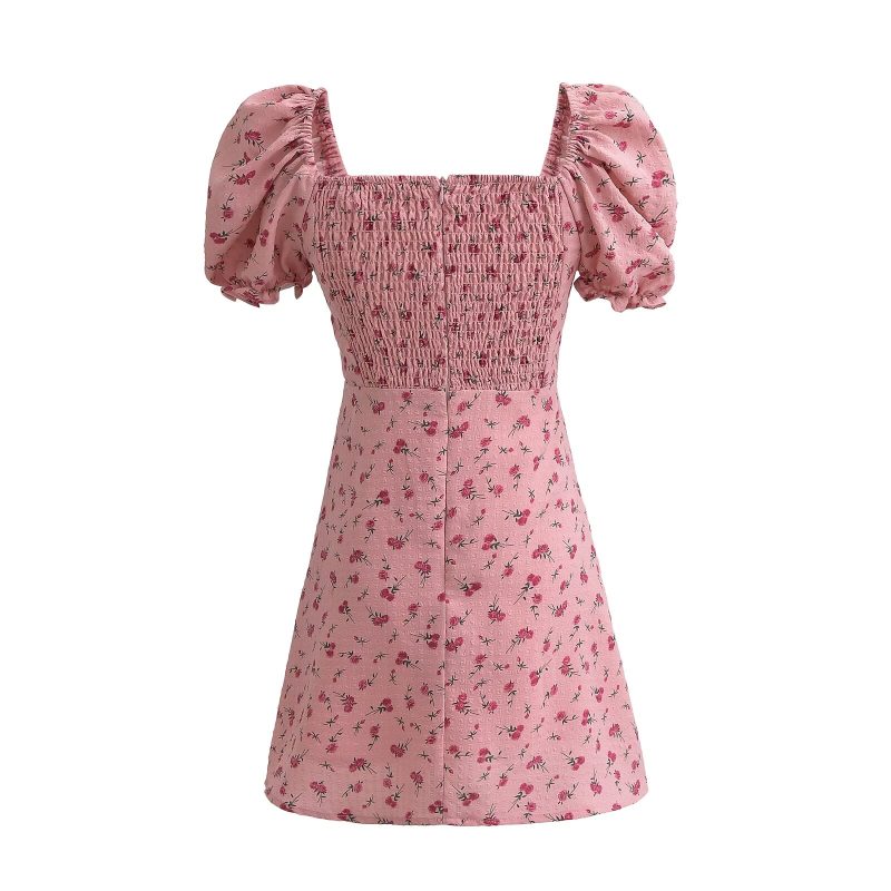 Pink Roses Puff Sleeve Lace-Up Dress - Image 2