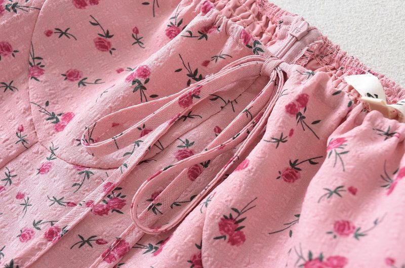 Pink Roses Puff Sleeve Lace-Up Dress - Image 3