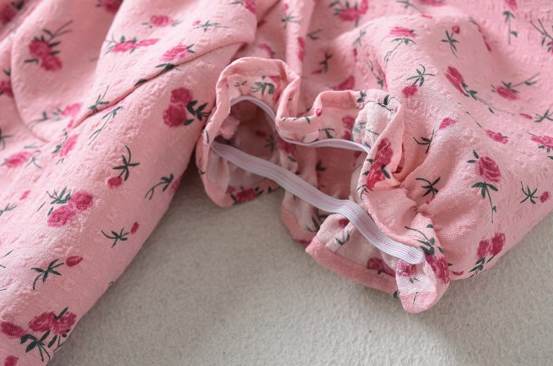 Pink Roses Puff Sleeve Lace-Up Dress - Image 4