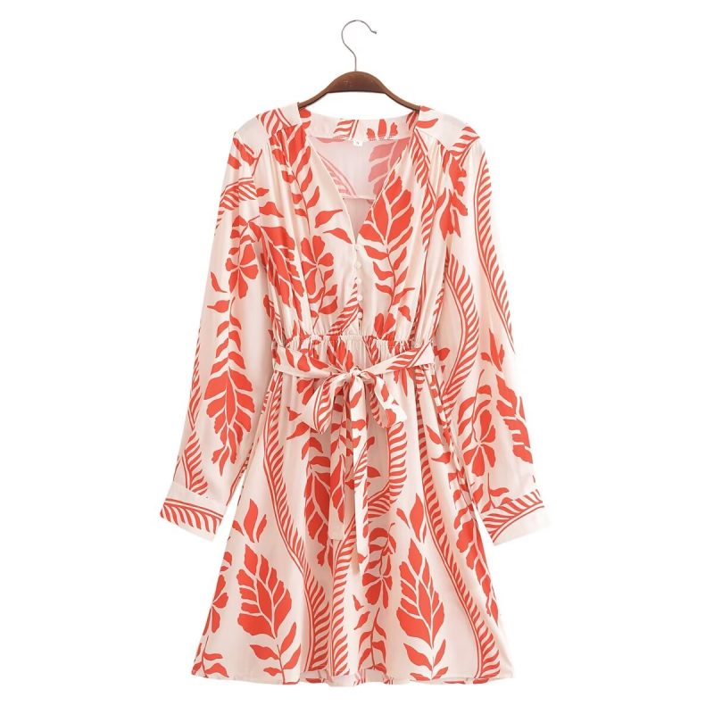 Rayon Floral Belted Dress Summer Street Style