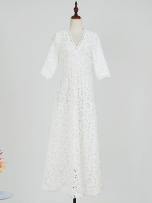 Vintage White Lace V-Neck Slim Maxi Dress
