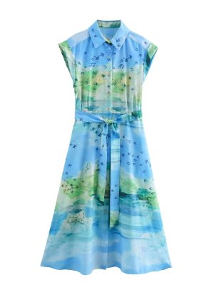 Printed Long Shirt Dress with Lace-Up Waist
