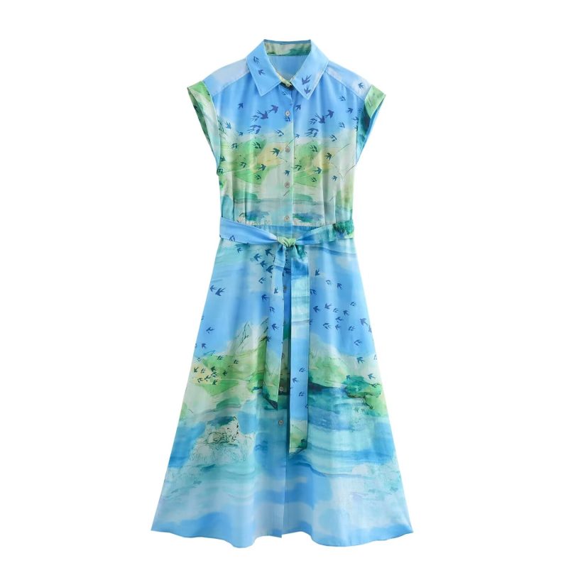 Printed Long Shirt Dress with Lace-Up Waist