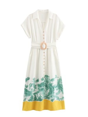 Summer Cotton Linen Printed Shirt Dress