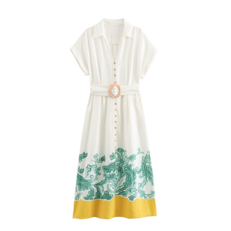 Summer Cotton Linen Printed Shirt Dress