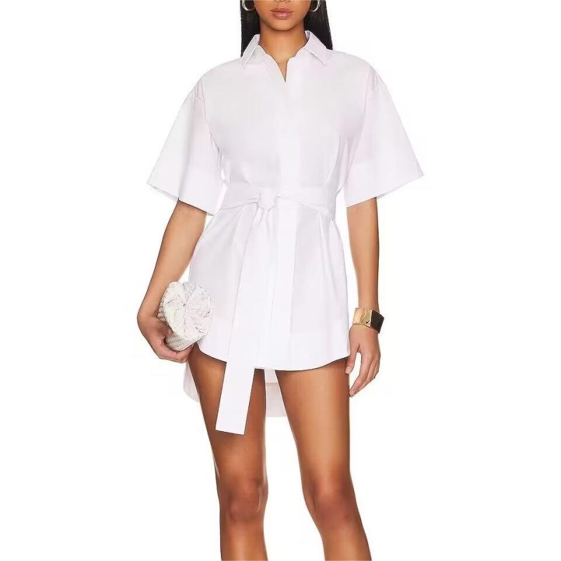 Casual White Belted Shirt Dress for Summer