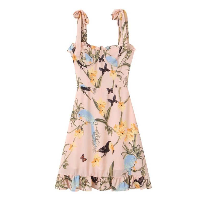 French Vintage Floral Parrot Print Lace Dress