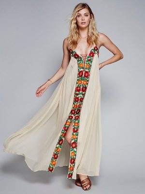 Colorful Floral Embroidered Holiday Maxi Strap Dress