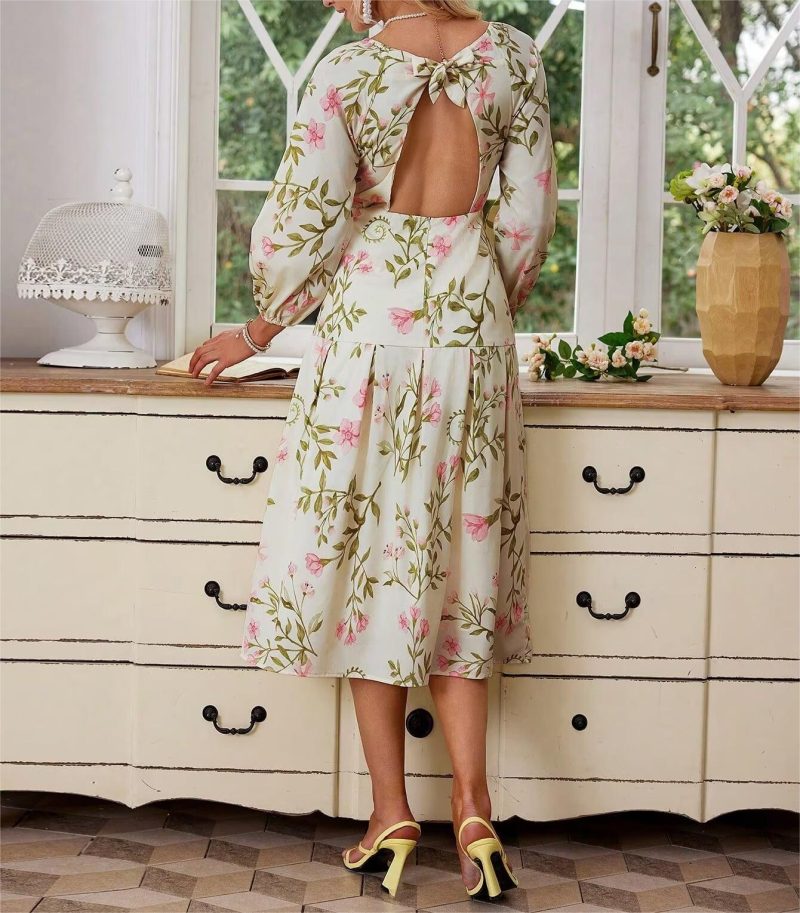 Lightweight Printed Chiffon Dress with Long Sleeves