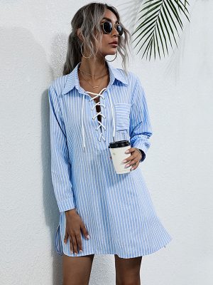 Fall Striped Polo Collar Long Sleeve Shirt