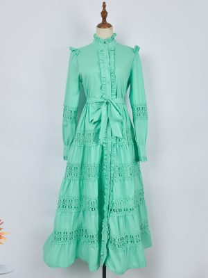 Elegant Hollow Lace Single Breasted Maxi Dress