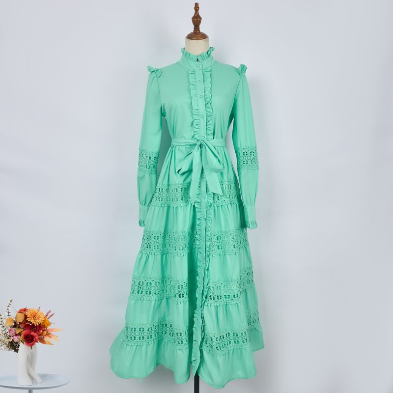 Elegant Hollow Lace Single Breasted Maxi Dress