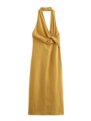 Pleated Linen Hanging Collar Backless Dress