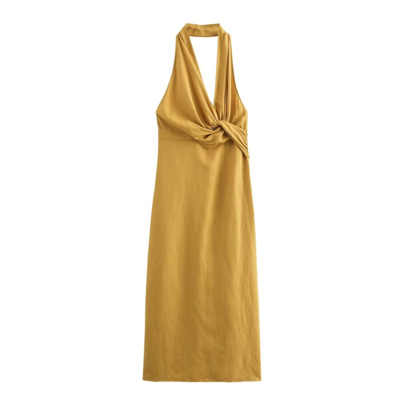 Pleated Linen Hanging Collar Backless Dress