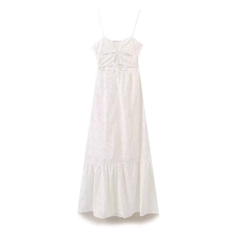 Embroidered Lace-Up Slim Sling Vacation Dress - Image 3