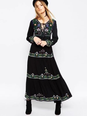 Lined Boho Embroidered Lace Up Dress