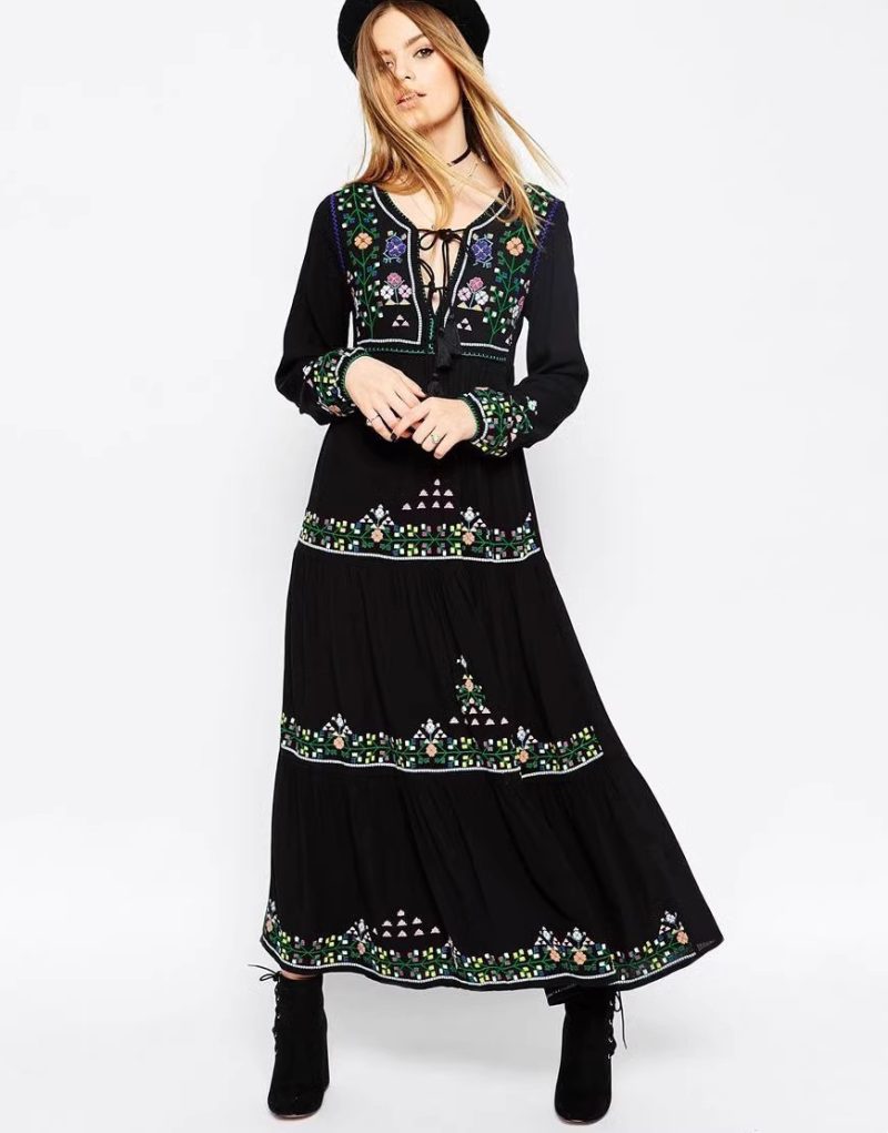 Lined Boho Embroidered Lace Up Dress