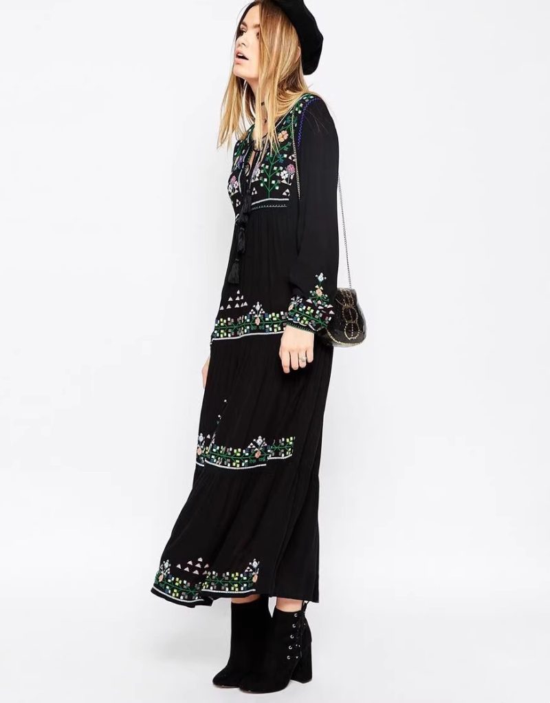 Lined Boho Embroidered Lace Up Dress - Image 2