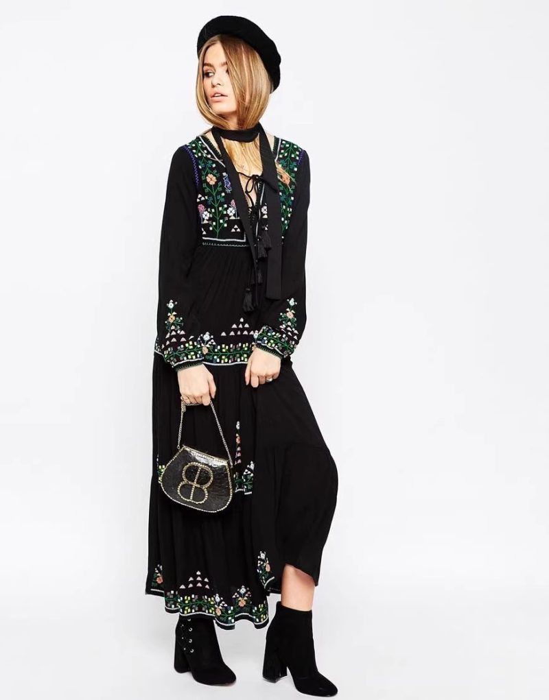 Lined Boho Embroidered Lace Up Dress - Image 3