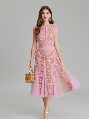 Embroidered Mesh Lace Hollow Waist Slim Dress