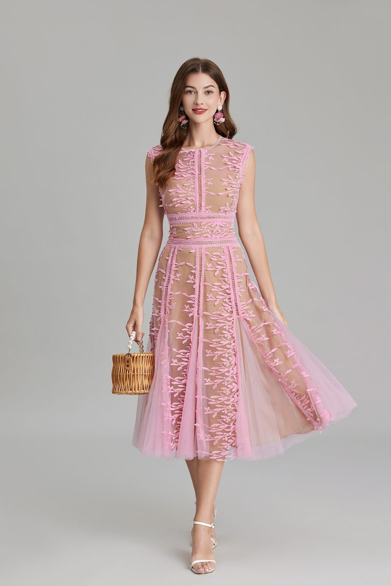 Embroidered Mesh Lace Hollow Waist Slim Dress