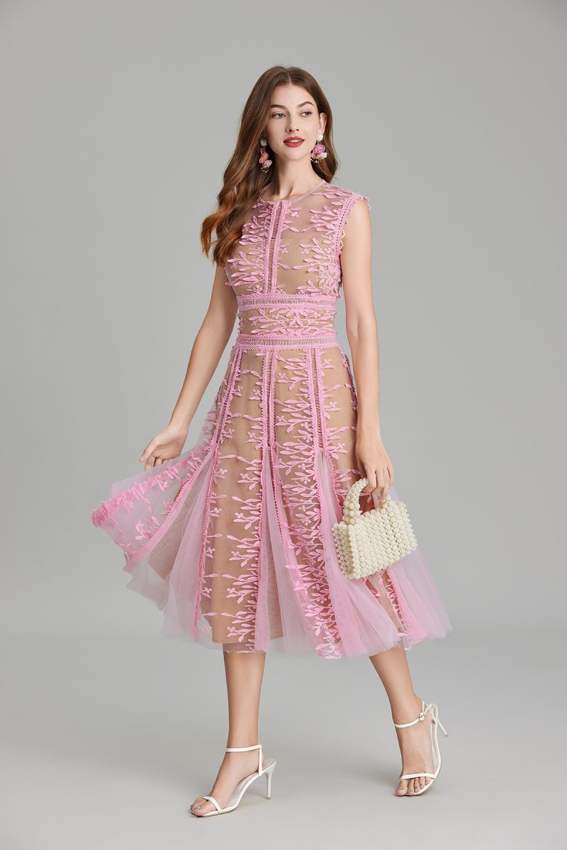Embroidered Mesh Lace Hollow Waist Slim Dress - Image 2