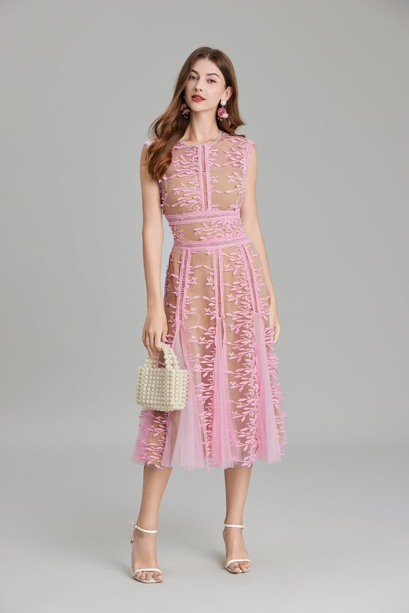 Embroidered Mesh Lace Hollow Waist Slim Dress - Image 3