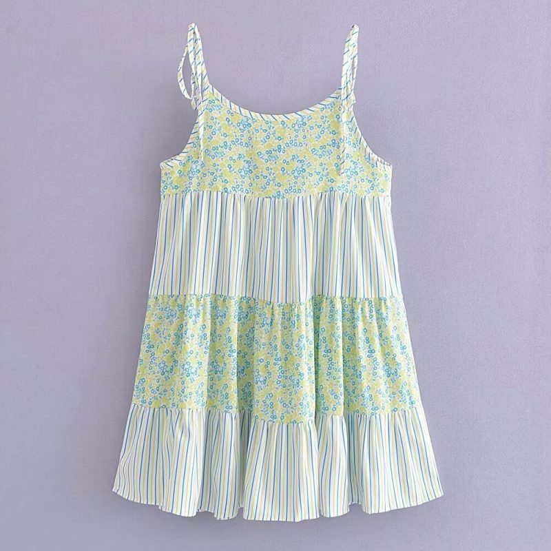 Floral Striped Lace Up Vacation Suspender Dress - Image 2