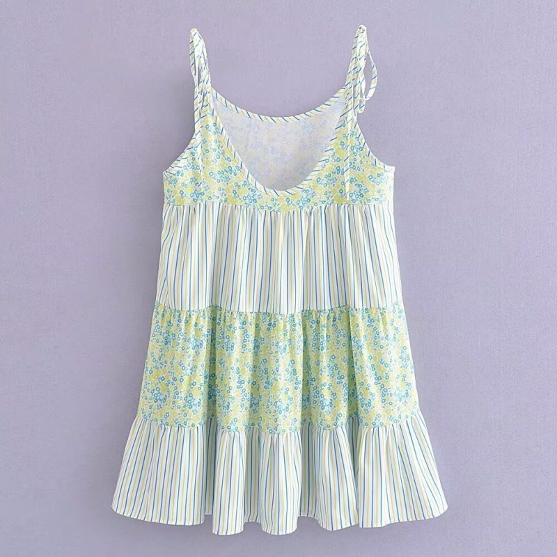 Floral Striped Lace Up Vacation Suspender Dress - Image 3