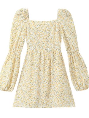 Sweet Printed Square Neck Autumn Short Dress